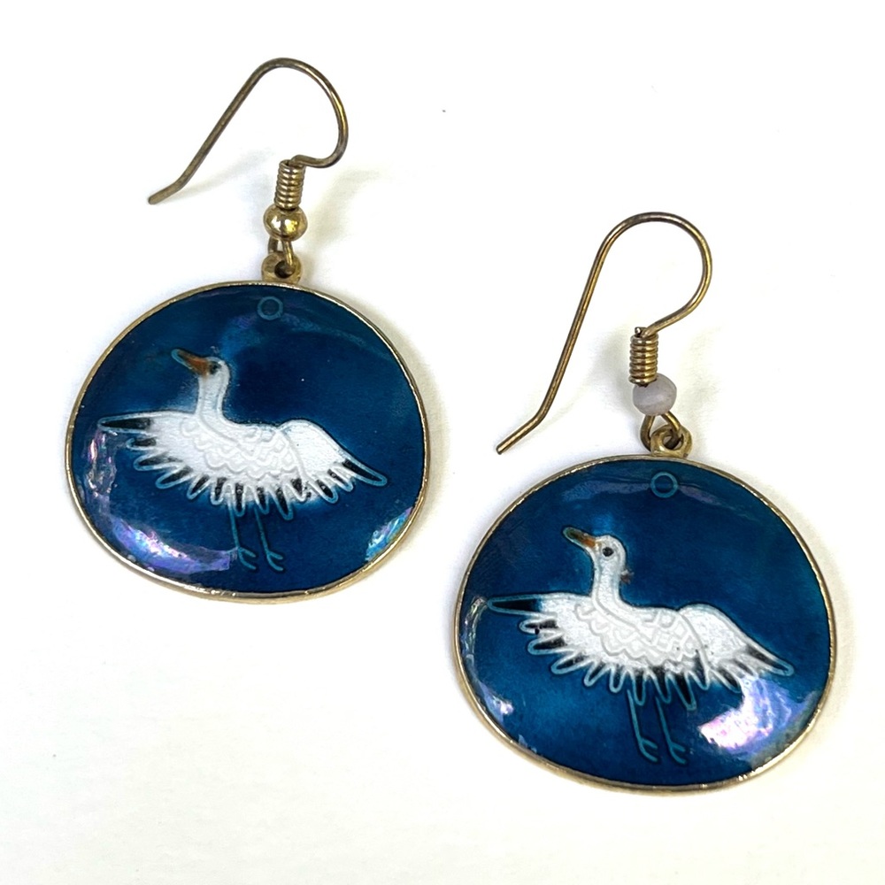 Vintage Dangle Earrings Blue White Birds Heron Swan Egrets Enamel Pierced Ears